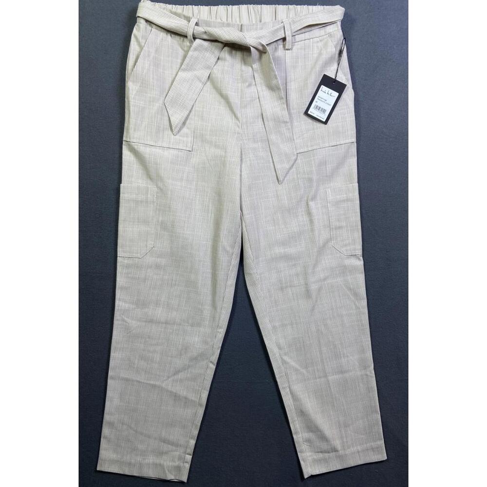 NEW Nicole Miller Tan Wt Cargo Tapered Paperbag Waist Striped Belted Linen Pants